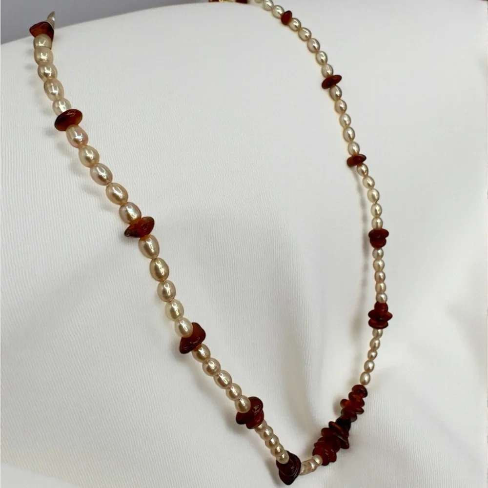 Genuine Amber & Freshwater Pearl Necklace – 18” - Picture 6 of 17